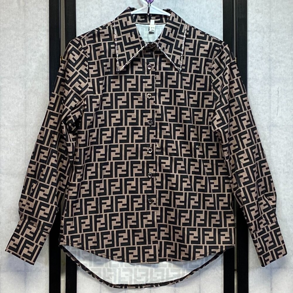 Ivivi Paris Beige Black L Rhinestone Collar Button Blouse Long Sleeve Wide Cuff